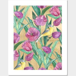 Blue Headed Wagtail in the Tulips Posters and Art